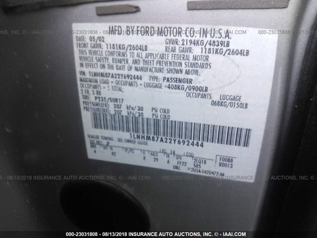 1LNHM87A22Y692444 - 2002 LINCOLN LS 银色 照片 9