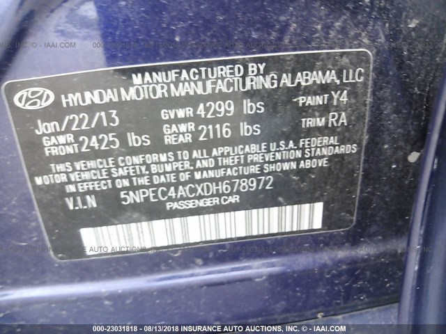 5NPEC4ACXDH678972 - 2013 HYUNDAI SONATA SE/LIMITED Dark Blue photo 9