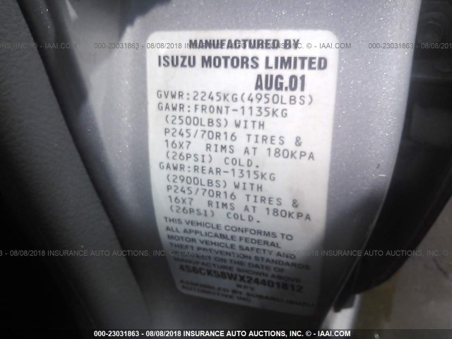 4S6CK58WX24401812 - 2002 HONDA PASSPORT EX/LX 银色 照片 9