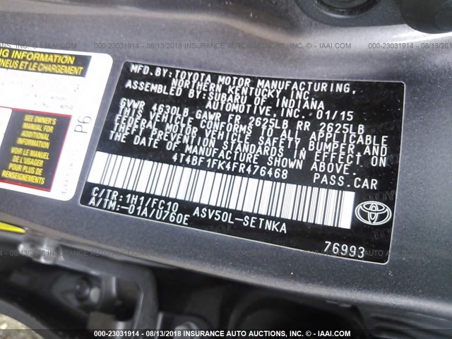 4T4BF1FK4FR476468 - 2015 TOYOTA CAMRY LE/XLE/SE/XSE GRAY photo 9