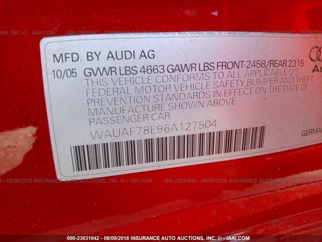 WAUAF78E96A127504 - 2006 AUDI A4 2/TURBO RED photo 9