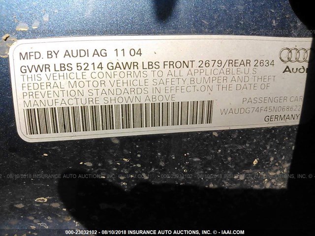 WAUDG74F45N068622 - 2005 AUDI A6 3.2 QUATTRO BLUE photo 9