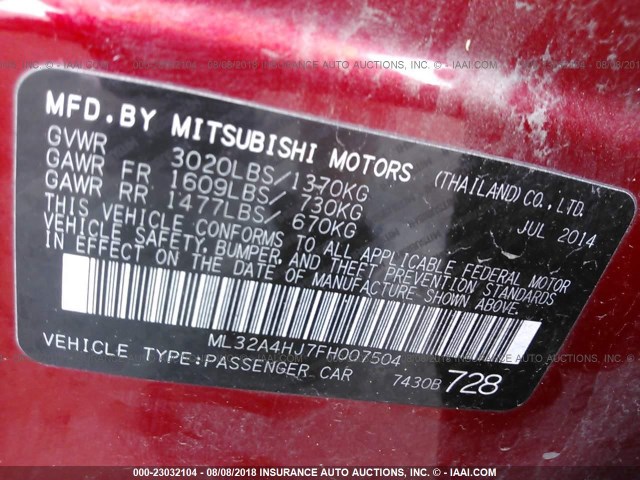 ML32A4HJ7FH007504 - 2015 MITSUBISHI MIRAGE ES RED photo 9
