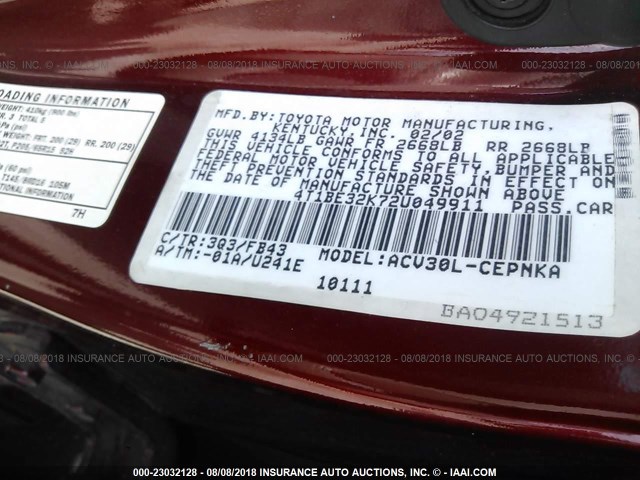 4T1BE32K72U049911 - 2002 TOYOTA CAMRY LE/XLE/SE Qırmızı foto 9