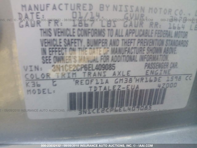 3N1CE2CP6EL409085 - 2014 NISSAN VERSA NOTE S/S PLUS/SV/SL SILVER photo 9