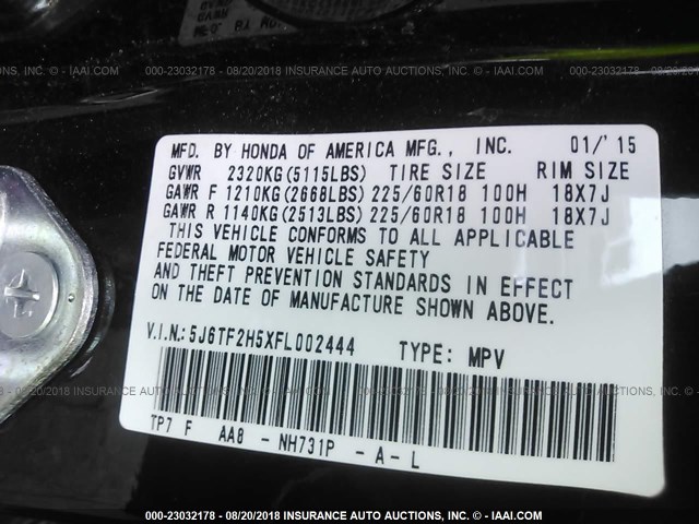 5J6TF2H5XFL002444 - 2015 HONDA CROSSTOUR EXL შავი ფოტო 9
