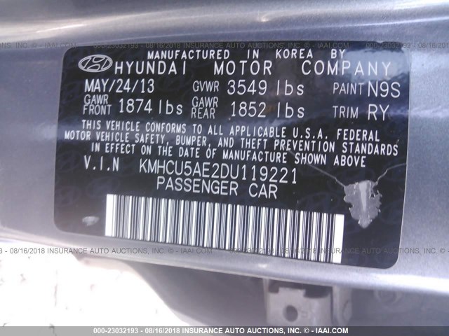 KMHCU5AE2DU119221 - 2013 HYUNDAI ACCENT GLS/SE GRAY photo 9