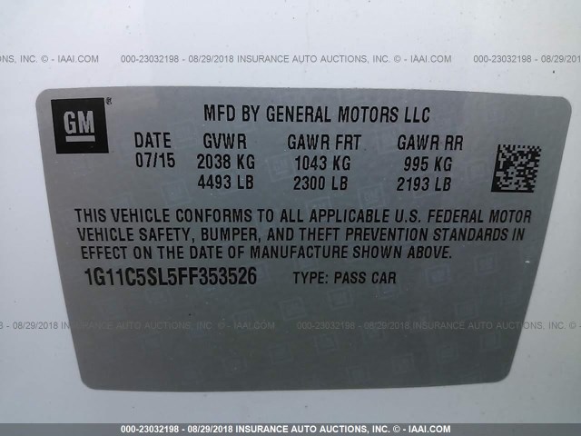 1G11C5SL5FF353526 - 2015 CHEVROLET MALIBU 1LT WHITE photo 9