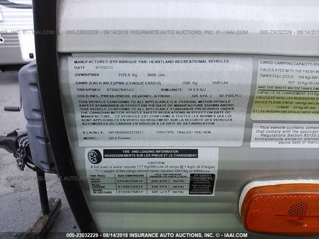 5SFPB2529EE275517 - 2014 HEARTLAND PROWLER 22LX  أبيض صورة 9