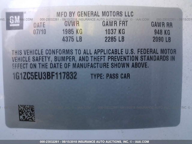 1G1ZC5EU3BF117832 - 2011 CHEVROLET MALIBU 1LT WHITE photo 9