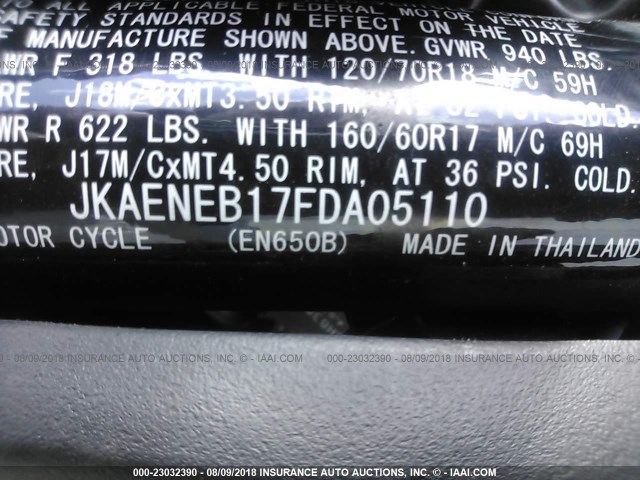 JKAENEB17FDA05110 - 2015 KAWASAKI EN650 B BLACK photo 10