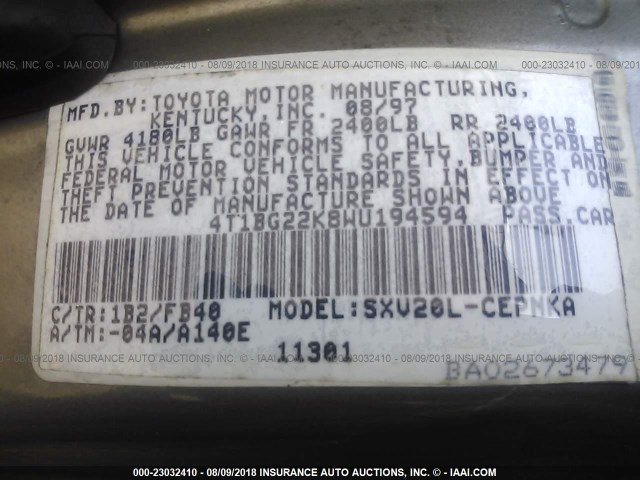 4T1BG22K8WU194594 - 1998 TOYOTA CAMRY CE/LE/XLE 灰色 照片 9