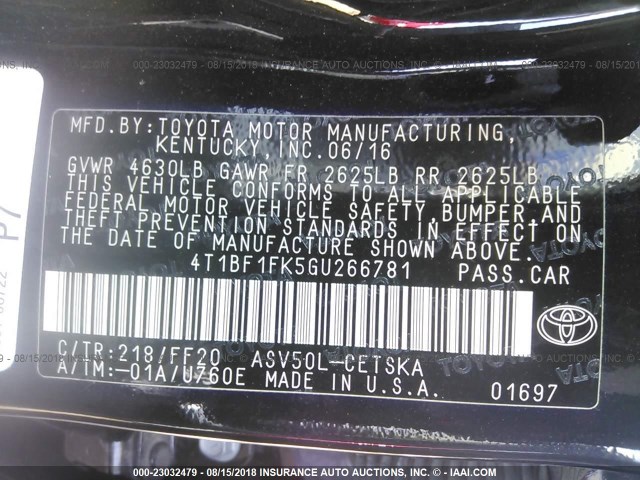4T1BF1FK5GU266781 - 2016 TOYOTA CAMRY LE/XLE/SE/XSE BLACK photo 9