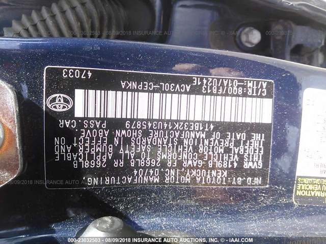 4T1BE32K14U345879 - 2004 TOYOTA CAMRY LE/XLE/SE Көк фото 9