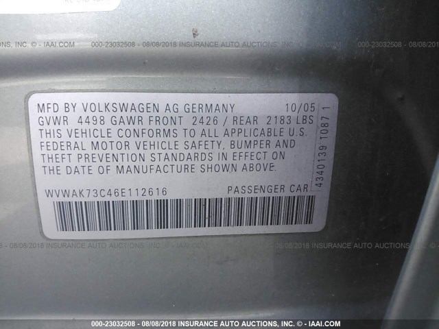 WVWAK73C46E112616 - 2006 VOLKSWAGEN PASSAT 2.0T/2.0T VALUE GRAY photo 9