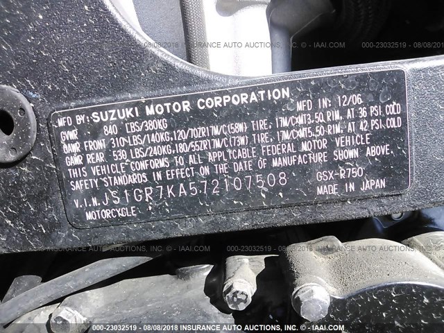 JS1GR7KA572107508 - 2007 SUZUKI GSX-R750 GRAY photo 10