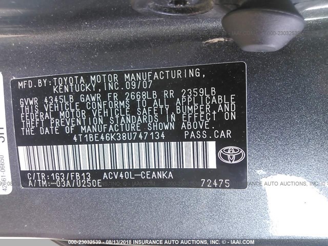 4T1BE46K38U747134 - 2008 TOYOTA CAMRY CE/LE/XLE/SE GRAY photo 9