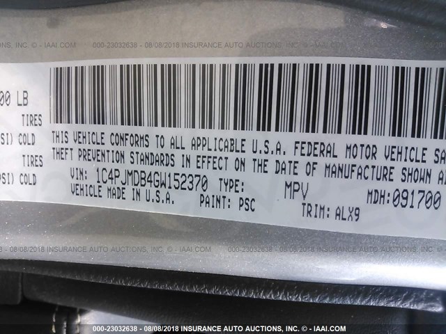 1C4PJMDB4GW152370 - 2016 JEEP CHEROKEE LIMITED 银色 照片 9