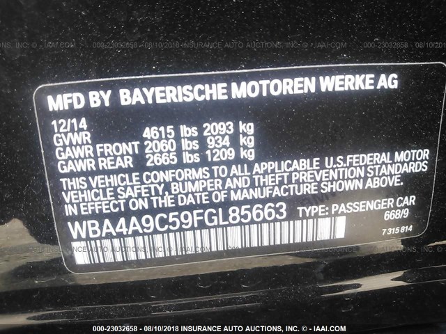 WBA4A9C59FGL85663 - 2015 BMW 428 I/GRAN COUPE/SULEV BLACK photo 9