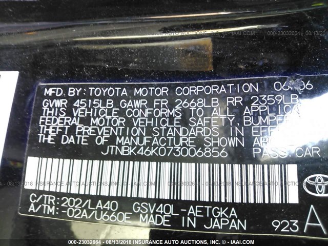 JTNBK46K073006856 - 2007 TOYOTA CAMRY NEW GENERAT LE/XLE/SE BLACK photo 9