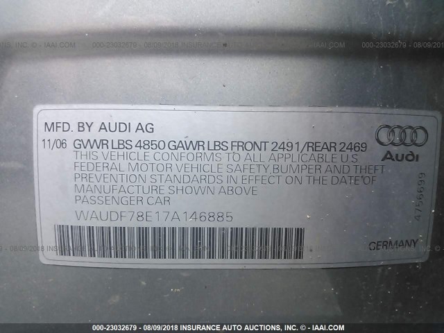 WAUDF78E17A146885 - 2007 AUDI A4 2.0T QUATTRO GRAY photo 9