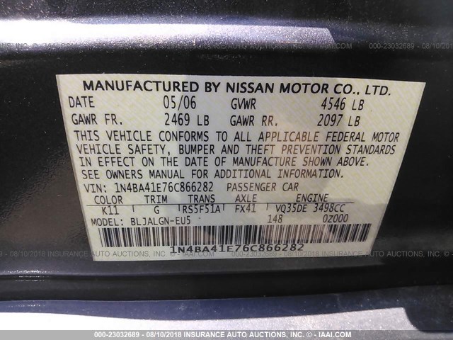 1N4BA41E76C866282 - 2006 NISSAN MAXIMA SE/SL GRAY photo 9