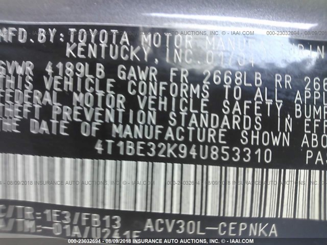 4T1BE32K94U853310 - 2004 TOYOTA CAMRY LE/XLE/SE GRAY photo 9