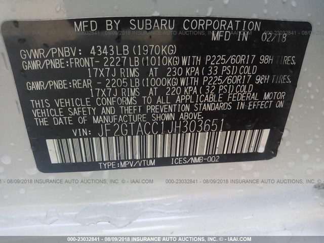 JF2GTACC1JH303651 - 2018 SUBARU CROSSTREK PREMIUM Ağ foto 9