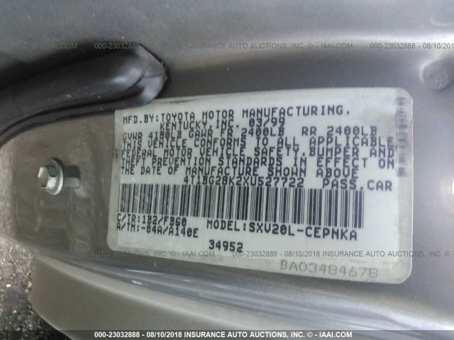 4T1BG28K2XU527722 - 1999 TOYOTA CAMRY CE/LE/XLE 米色 照片 9