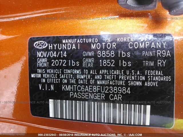 KMHTC6AE8FU238984 - 2015 HYUNDAI VELOSTER TURBO ORANGE photo 9