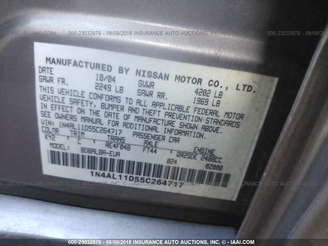 1N4AL11D55C264717 - 2005 NISSAN ALTIMA S/SL GRAY photo 9