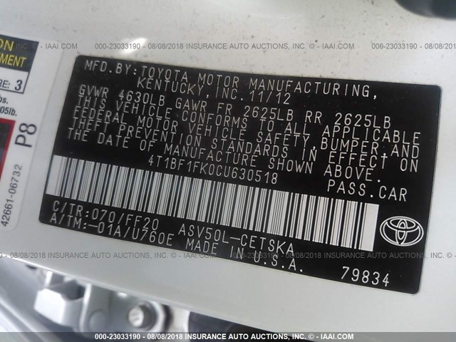 4T1BF1FK0CU630518 - 2012 TOYOTA CAMRY SE/LE/XLE WHITE photo 9