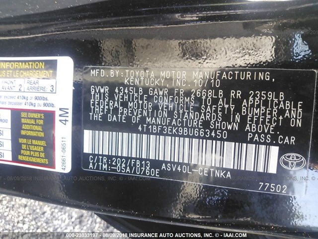 4T1BF3EK9BU663450 - 2011 TOYOTA CAMRY SE/LE/XLE შავი ფოტო 9