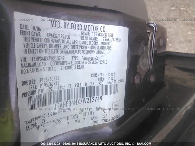 1FAHP34NX7W213749 - 2007 FORD FOCUS ZX4/S/SE/SES GRAY photo 9