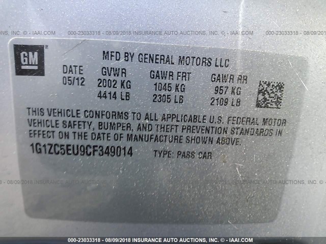 1G1ZC5EU9CF349014 - 2012 CHEVROLET MALIBU 1LT ვერცხლისფერი ფოტო 9