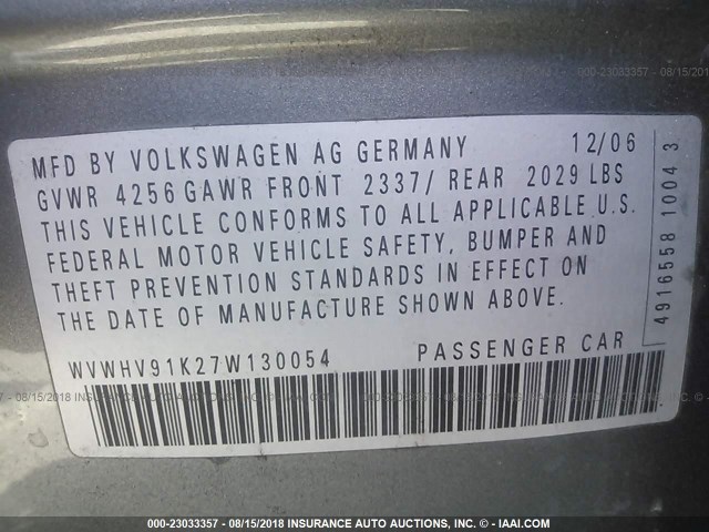 WVWHV91K27W130054 - 2007 VOLKSWAGEN NEW GTI GRAY photo 9