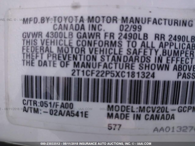 2T1CF22P5XC181324 - 1999 TOYOTA CAMRY SOLARA SE/SLE თეთრი ფოტო 9