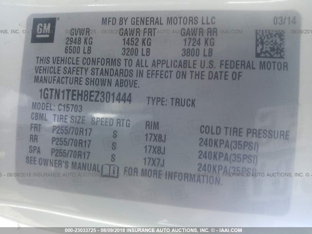 1GTN1TEH8EZ301444 - 2014 GMC SIERRA C1500 WHITE photo 9