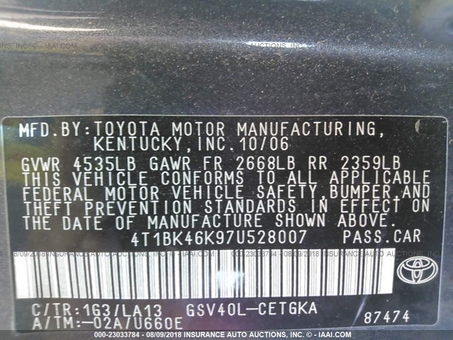 4T1BK46K97U528007 - 2007 TOYOTA CAMRY NEW GENERAT LE/XLE/SE GRAY photo 9