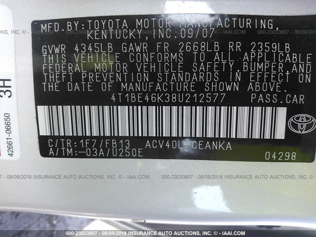 4T1BE46K38U212577 - 2008 TOYOTA CAMRY CE/LE/XLE/SE SILVER photo 9