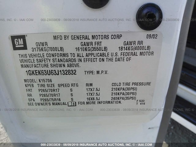 1GKEK63U63J132832 - 2003 GMC YUKON DENALI WHITE photo 9