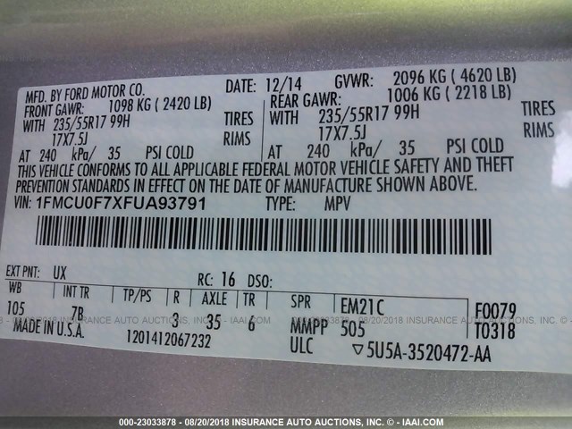 1FMCU0F7XFUA93791 - 2015 FORD ESCAPE S GRAY photo 9