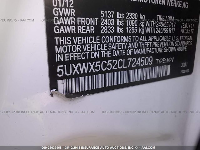 5UXWX5C52CL724509 - 2012 BMW X3 XDRIVE28I WHITE photo 9