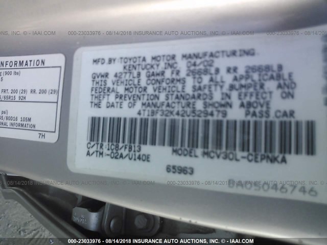 4T1BF32K42U529479 - 2002 TOYOTA CAMRY LE/XLE/SE 银色 照片 9