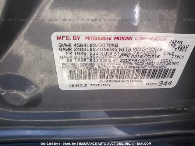 JA4AS2AW6AZ010553 - 2010 MITSUBISHI OUTLANDER ES ნაცრისფერი ფოტო 9