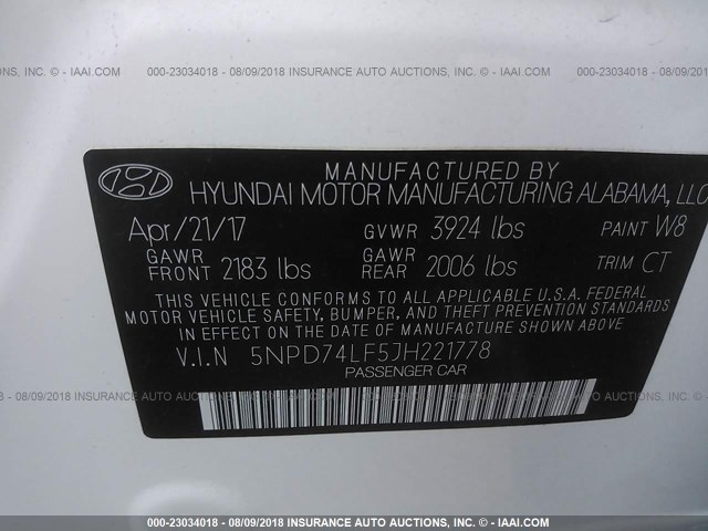 5NPD74LF5JH221778 - 2018 HYUNDAI ELANTRA SE WHITE photo 9