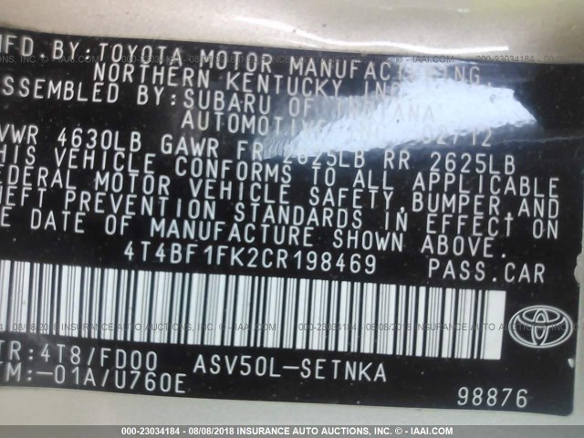 4T4BF1FK2CR198469 - 2012 TOYOTA CAMRY SE/LE/XLE GOLD photo 9