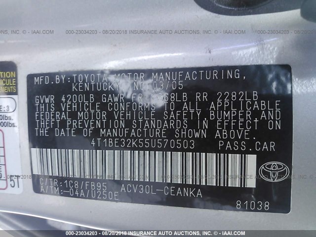 4T1BE32K55U570503 - 2005 TOYOTA CAMRY LE/XLE/SE 银色 照片 9