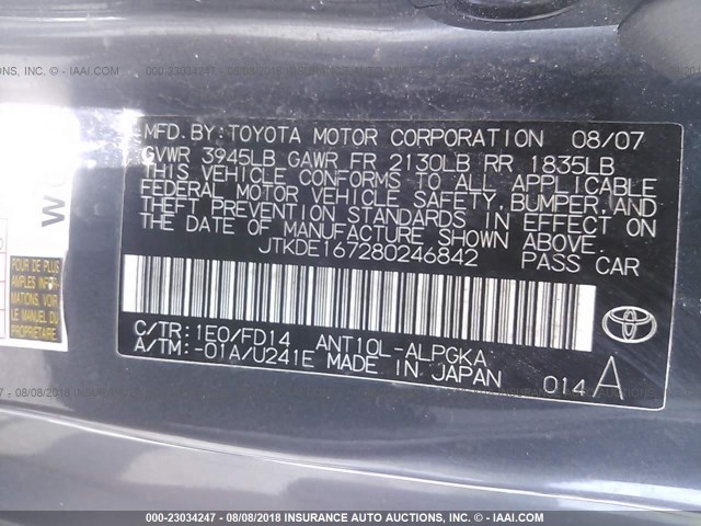 JTKDE167280246842 - 2008 TOYOTA SCION TC 灰色 照片 9