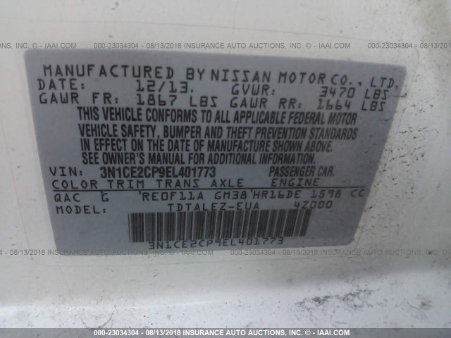 3N1CE2CP9EL401773 - 2014 NISSAN VERSA NOTE S/S PLUS/SV/SL WHITE photo 9